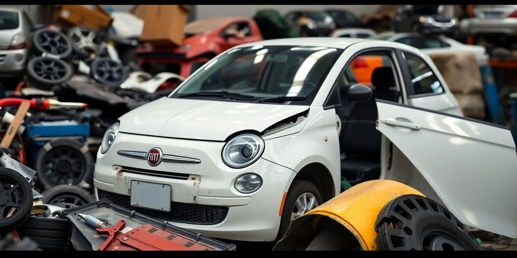 A Fiat car dismantled in an auto wrecker yard.