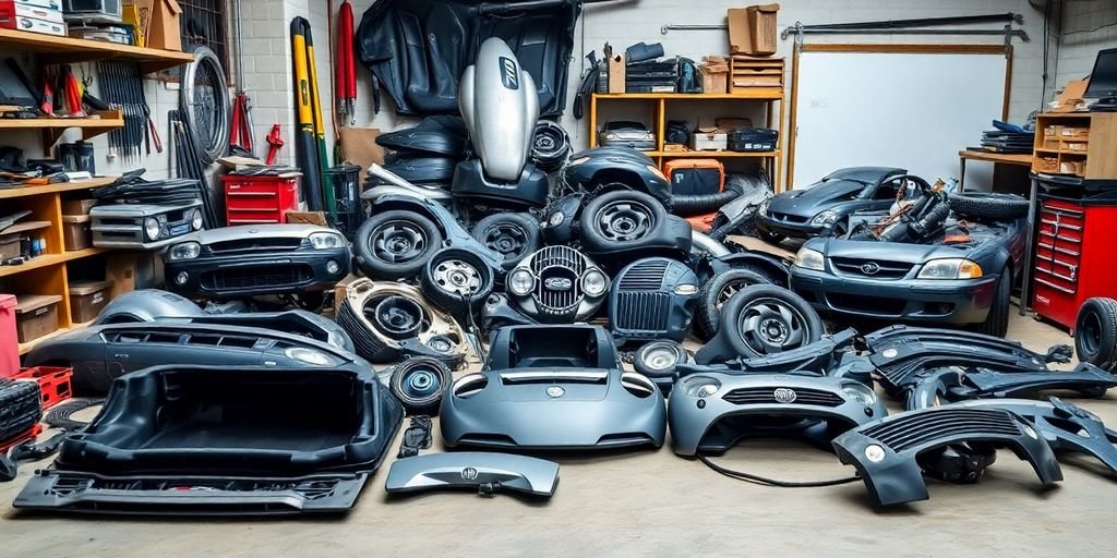 Fiat car parts in a dismantler's workshop.