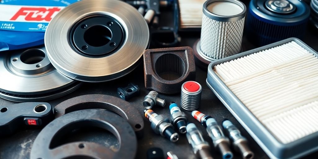 Close-up of Fiat spare parts on a workbench.
