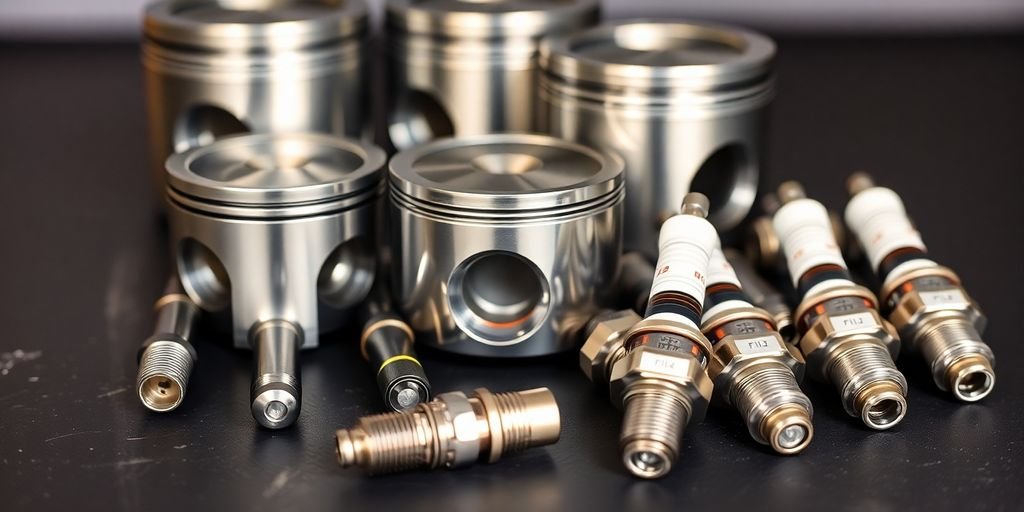Assorted shiny Fiat engine parts on a dark surface.