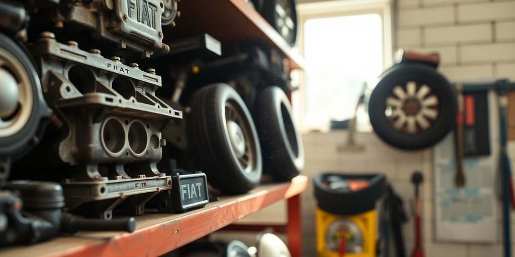 Used Fiat car parts in a workshop.