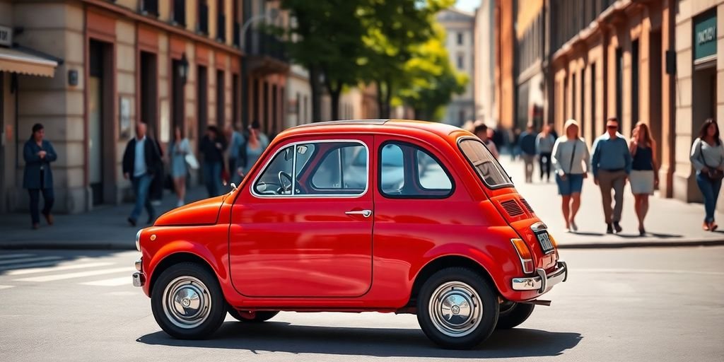 Classic Fiat car, city street, sunny day, people walk.