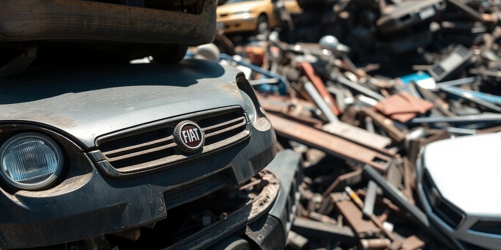 Crushed cars with Fiat parts, scrapyard.
