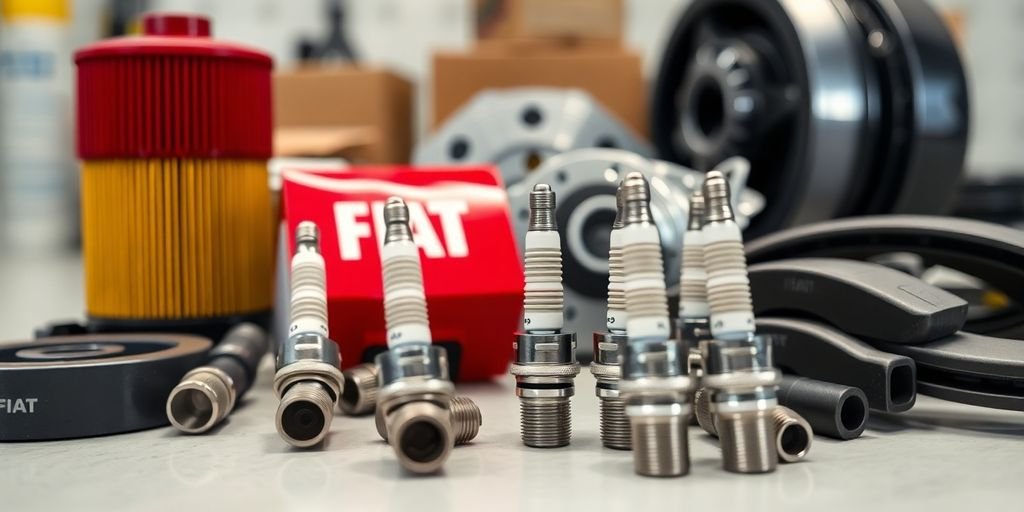 Assorted new Fiat car parts on a clean surface.
