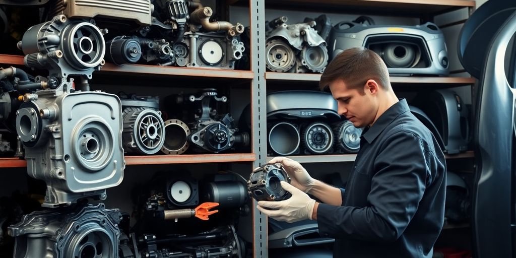 Fiat spare parts arranged in a clean workshop.