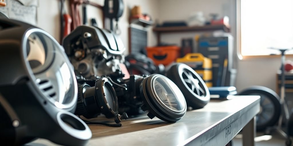 Fiat car parts on a workbench in a garage.