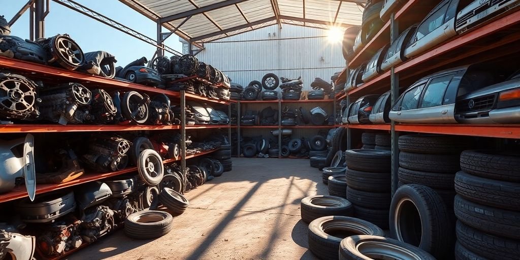 Used Fiat parts neatly organized in a junkyard.