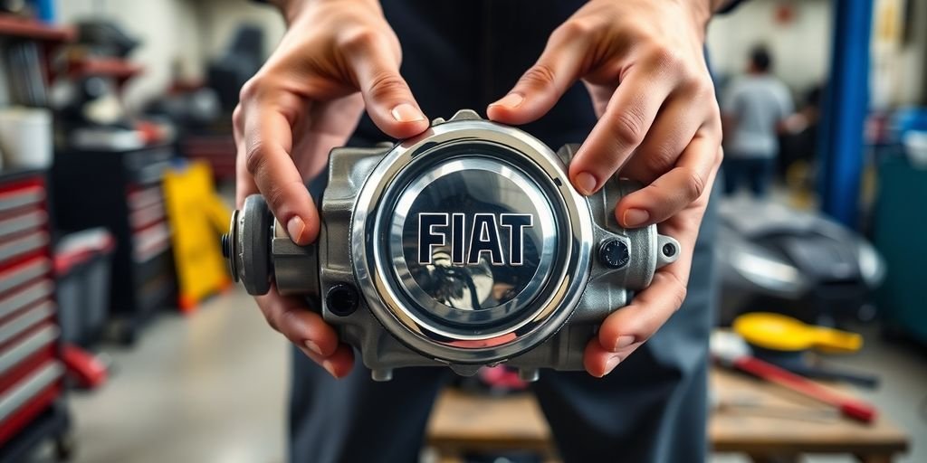 Mechanic holding new Fiat car part.