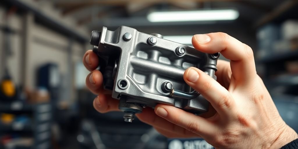 Mechanic holding a new car part.