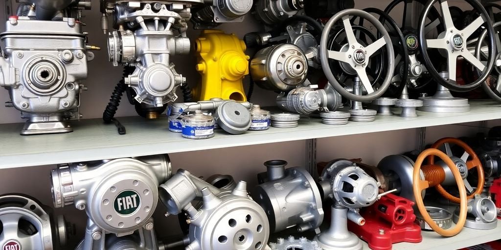 Used Fiat car parts organized neatly.