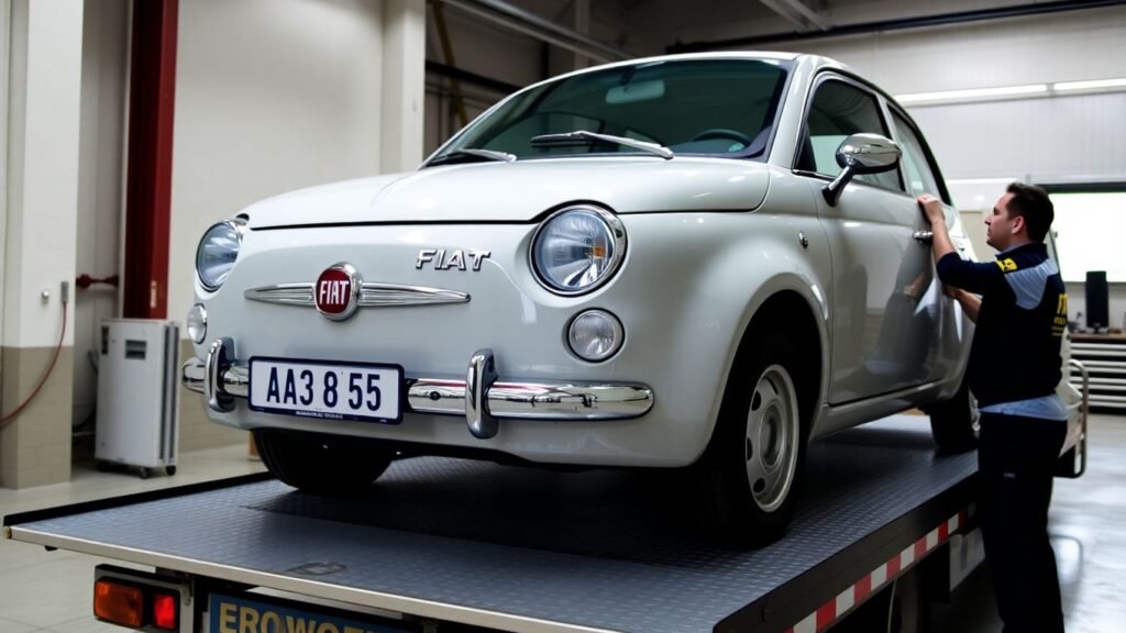 Fiat car being towed by a professional removal service.