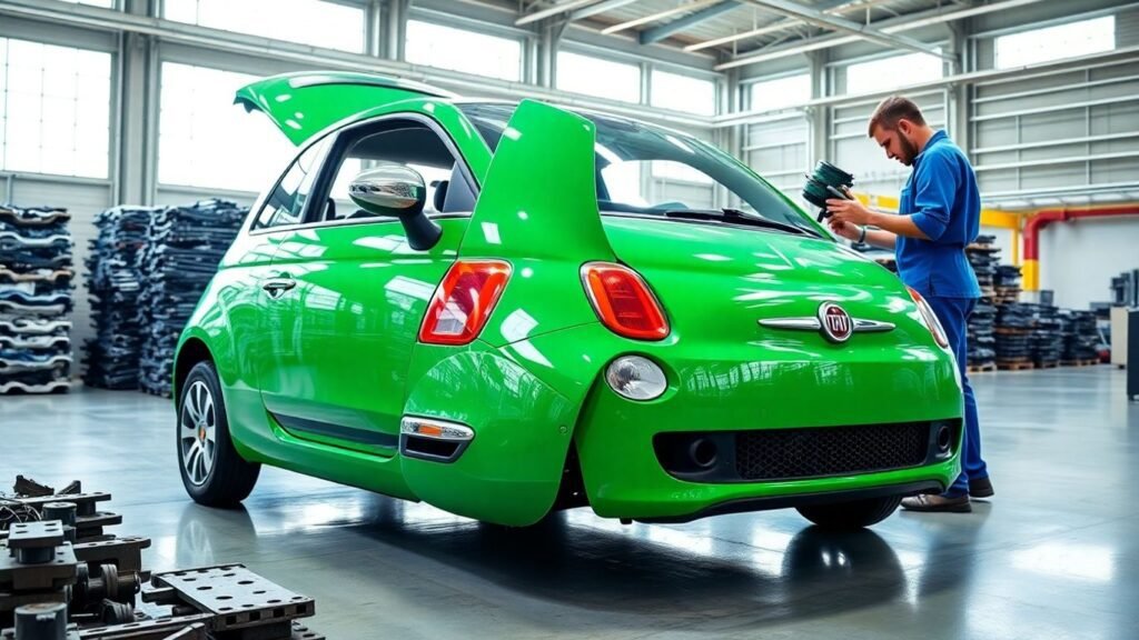 Green Fiat car being recycled in a modern facility.