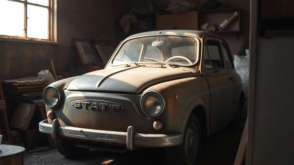 Rusted vintage Fiat in a dilapidated garage