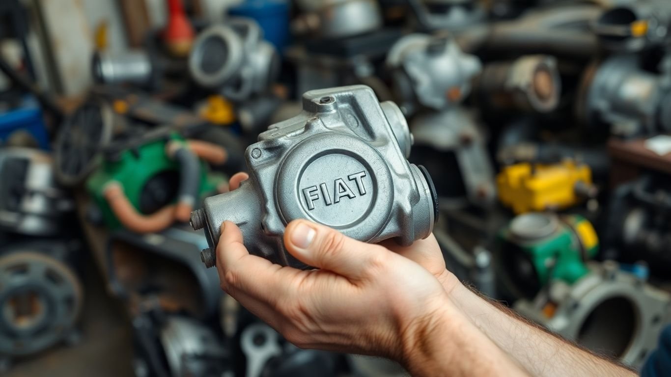 Mechanic holding salvaged Fiat car part