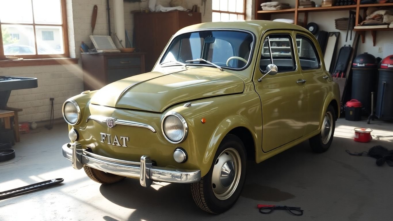 Restored vintage Fiat in a workshop with tools.