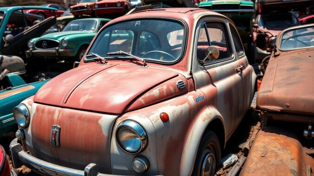 Weathered vintage Fiat 500 in a junkyard.