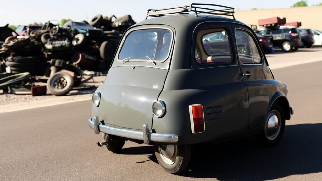 Restored Fiat 500 on road, junkyard background.
