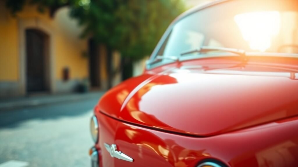 Vintage red Fiat 500 on a sunny street.