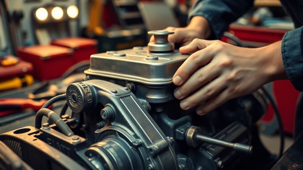 Mechanic working on vintage Fiat engine