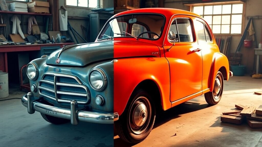 Restored vintage Fiat in a workshop.