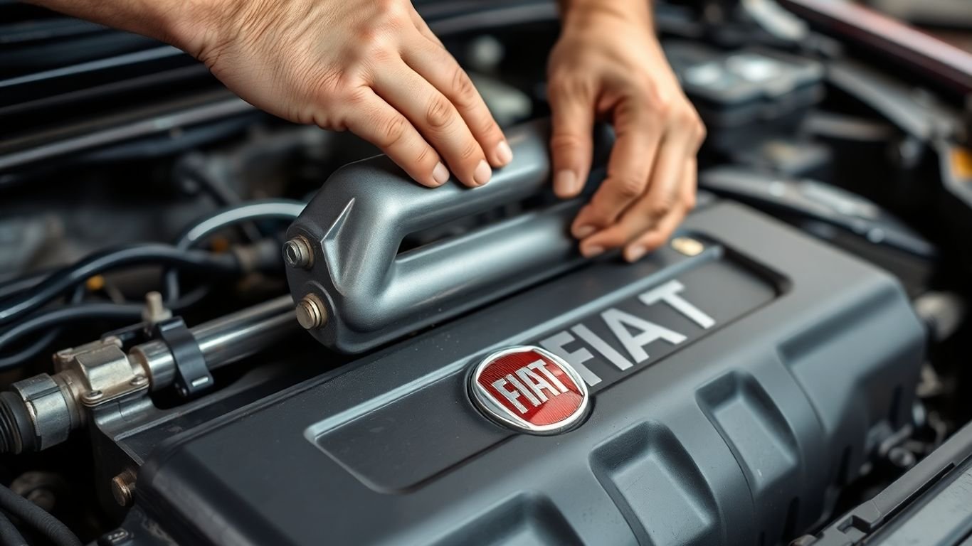 Mechanic fitting used Fiat part in car engine bay