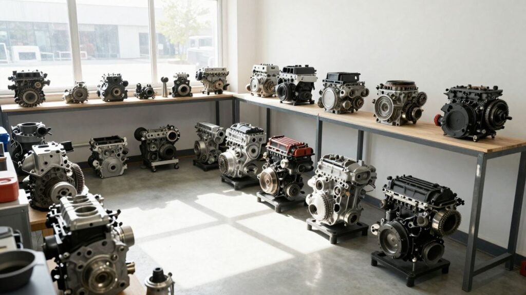 Used car engines and gearboxes in a workshop.